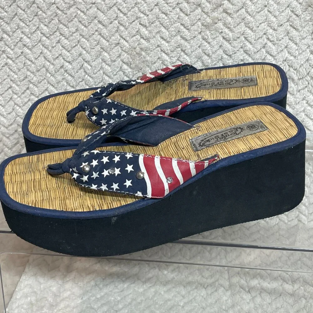 Lower Eastside Y2K Vintage‎ Platform Americana Flip Flop Rhinestone Sandals 8.5